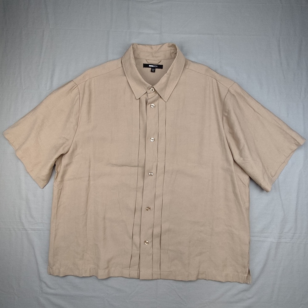 Fashion Nova Men Shirt XXL Tan Pleated Front Short Sleeve Button Down Casual Top